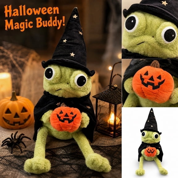 Moonlight Manor Halloween Wizard Frog Plush, Green Frog Witch Plush with Black Star Hat Cape and Pumpkin Bag, Spooky Cute Collectible Plush Decor for Halloween Shelf Desk Room Display