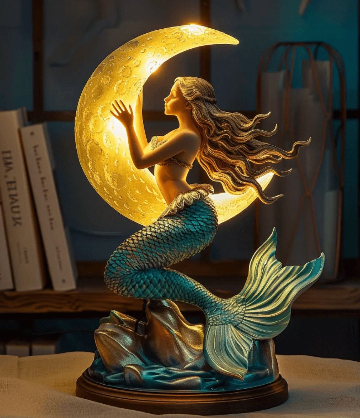 Moonlight Mermaid Night Light 8 Inch Vintage Base Design Night Light Bedroom Night Light with Mermaids Lamp for Bedroom Hotel Restaurant Decorative