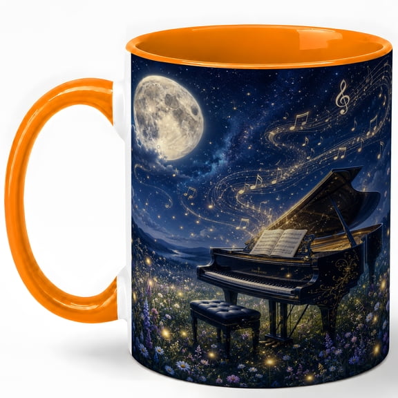 Moonlight Piano 11oz Ceramic Mug, Celestial Music Art