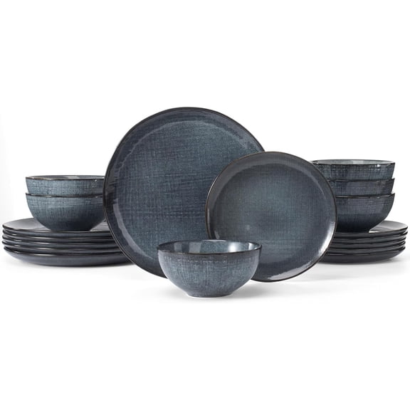 Moonlight Plates and Bowls Sets, 18 Pieces Stoneware Dinnerware Sets with Linen Finish, Handmade Dishware set for 6, Microwave and Dishwasher Safe, Scratch Resistant Tableware, Dark Blue