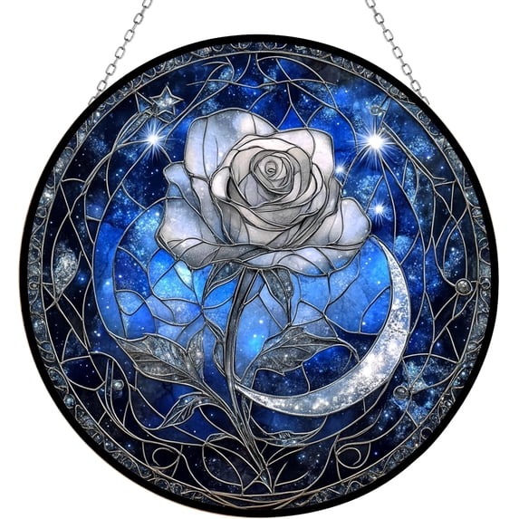 Moonlight Rose Suncatchers for Windows, Stained Glass Window Hangings,Hand-Painted Glass Panel Perfect for Home Decorr