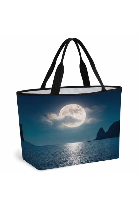 Moonlight Sea Night Beach Bag for Women, Large Breathable Mesh Beach Tote Bag, Abstract Modern Art Ocean Cloud Sandproof Lightweight Travel Bags for Vacation Picnic Swimming Pool 15.7"x15.7"x9.1"
