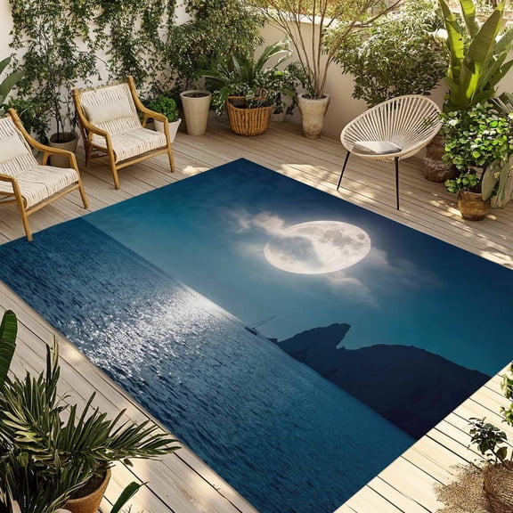 Moonlight Sea Night Outdoor Rug 4x6 Ft - Reversible Patio Rug Outdoor Camping Rugs, Abstract Modern Art Ocean Cloud Washable Indoor Outdoor Area Rugs, Non-Slip Outdoor Carpet Runner for Deck/Porch