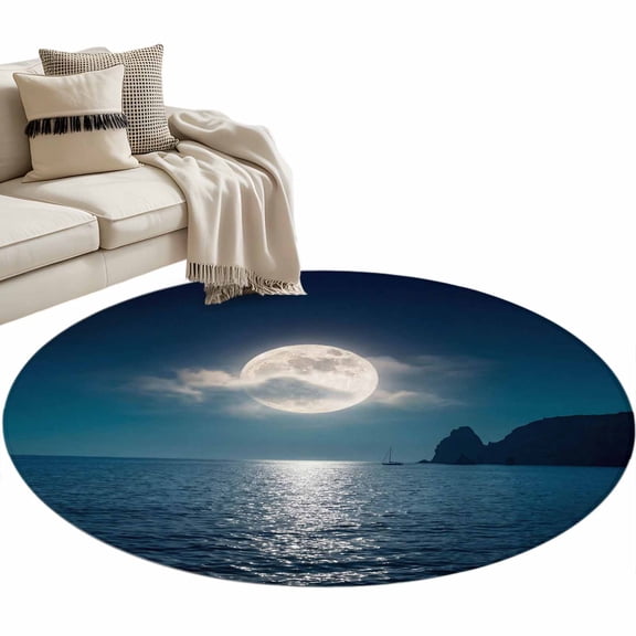 Moonlight Sea Night Round Area Rugs Collection 3', Abstract Modern Art Ocean Cloud Non Slip Indoor Circular Throw Runner Rug Floor Mat Carpet for Living Room Dining Table Bedroom Nursery