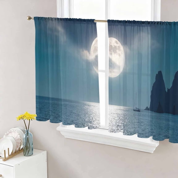 Moonlight Sea Night Sheer Curtains 45 Inch Length 2 Panels Set Window Treatments, Abstract Modern Art Ocean Cloud Rod Pocket Semi Curtains for Living Room/Bedroom/Kitchen Décor, 104"W x 45"L
