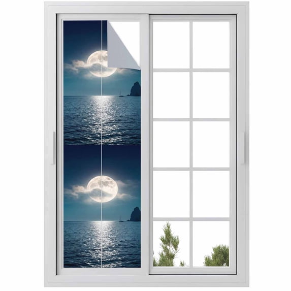 Moonlight Sea Night Window Privacy Film, Abstract Modern Art Ocean Cloud Static Cling UV Sun Blocking Heat Control Window Tint Day and Night, Non-Adhesive One Way Windows Privacy Cover 17.7''x78.7''