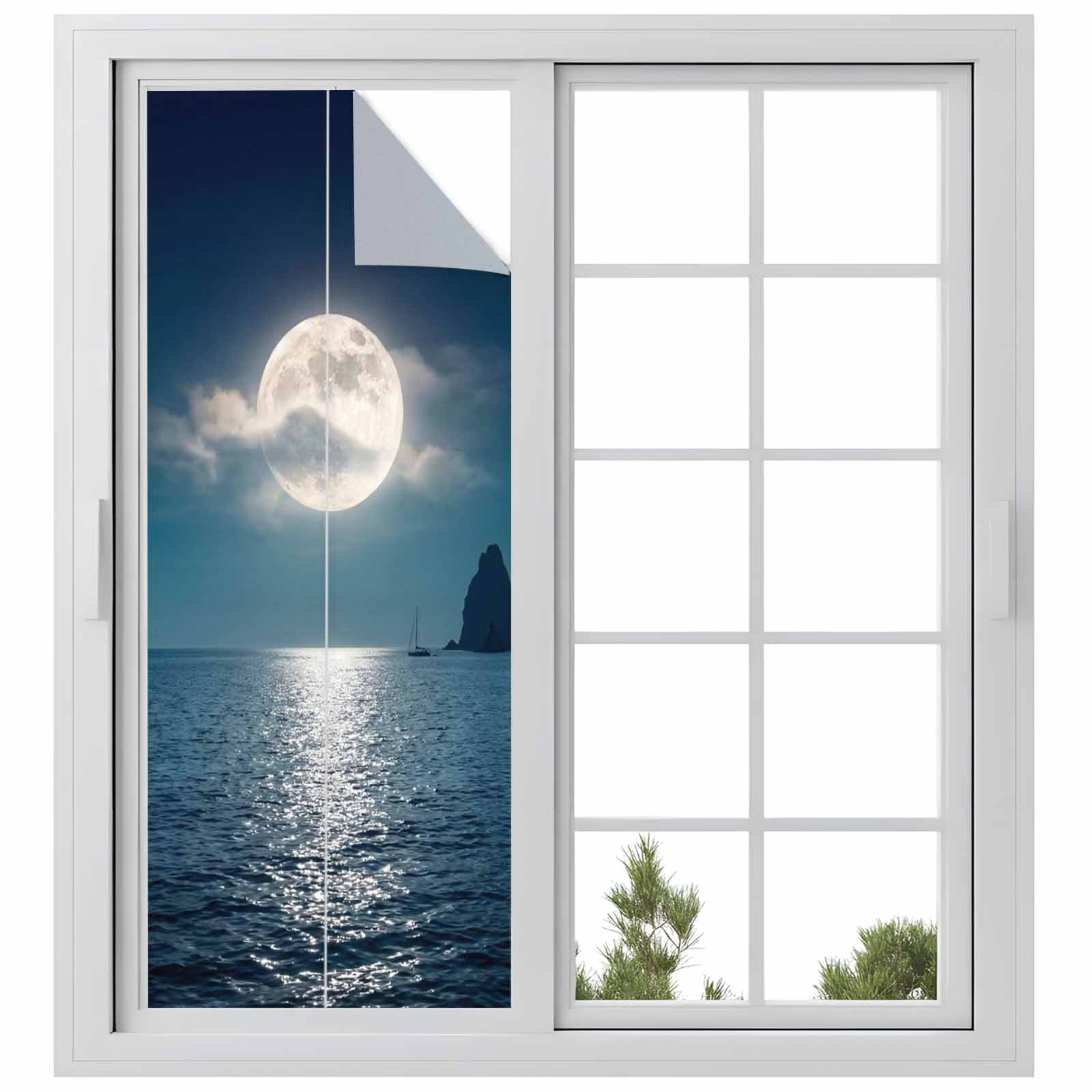 Moonlight Sea Night Window Privacy Film, Abstract Modern Art Ocean ...