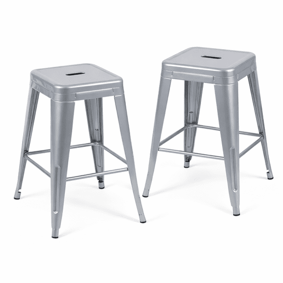 Moonlight Silver Metal Bar Stools Set of 2, 24" Sleek Tech Industrial Stools, Metallic Silver Counter Barstools, Durable One-Piece Steel Chairs for Loft & Workshop
