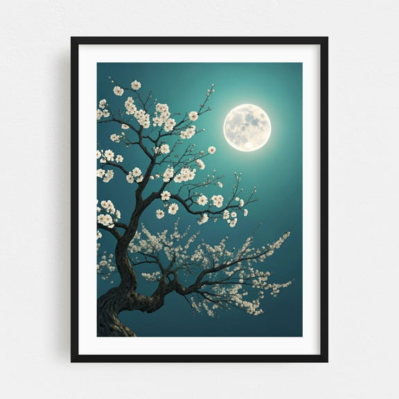 Moonlight Sonata: A Gnarled Cherry Blossom Tree in Full Bloom Under a Radiant Full Moon - Illustration Cherry Blossom Moon Night Sky Floral Nature Mystical Black Framed Wall Art Print 5 x 7 inches