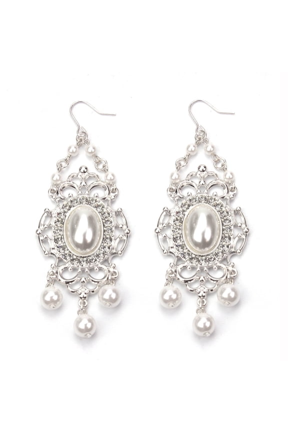 Vintage Style Pearl Chandelier Drop Earrings with Crystal Accents - Wedding Jewelry Silver