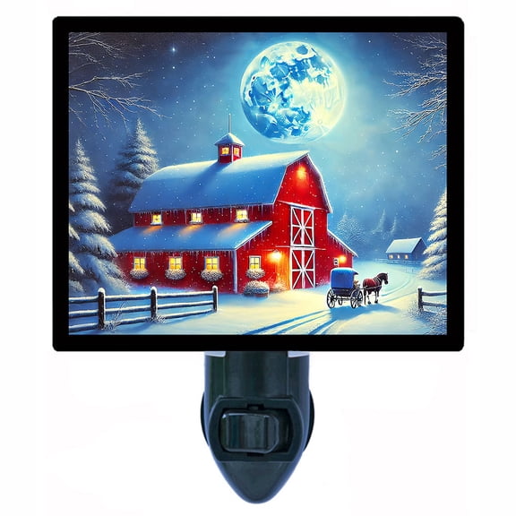 Moonlight Stroll Night Light Red Barn Winter Scene with Horse and Carriage Country Christmas Dcor with Free Switchable Insert