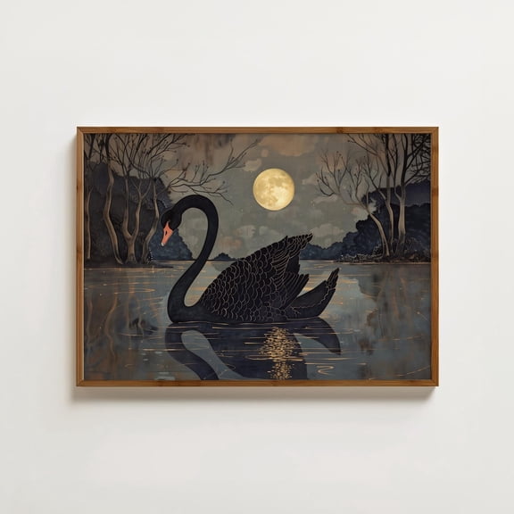 Moonlight Swan Print Black Swan Balletcore Decor Vintage Swan Wall Art Antique Swan Drawing Vintage Animal Art Moody Wall Art Home Decor #1033, Unframed Canvas Size 24x36