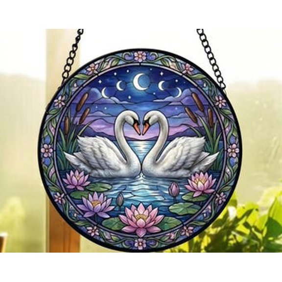 Moonlight Swans Glass Suncatcher, White Swan Heart Window Hanging, Romantic Wedding Decor, Anniversary Gift For Couples, Suncatcher Window Hanging, 7.9 in