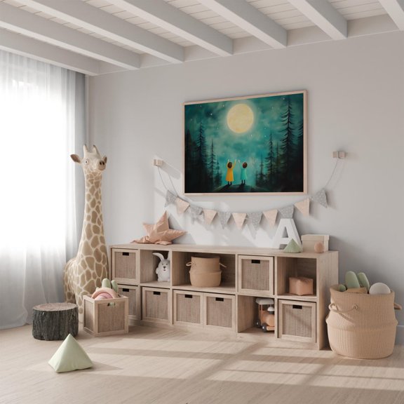 Moonlight Wall Art Looking at the Moon Print Bedroom Decor Colorful Playroom Friendship Printable, Unframed Canvas 8x10in
