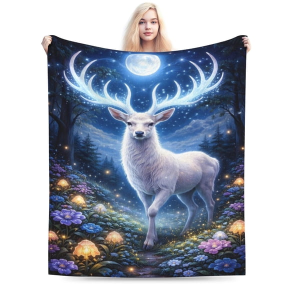 Moonlight White Deer Blanket Fantasy Woodland Animal Throw Blanket Soft Cozy Blanket for Couch Bed Christmas Winter Gift Decor 80x60