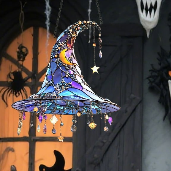 Moonlight Witch Acrylic Stained Glass Window Hanging Sun Catcher Decor 2D Flat Halloween Witch Sun Catcher Pendant Halloween Witch Hat Design Hanging Ornament Hanging Witches Hats 7.87x7.08 Inch