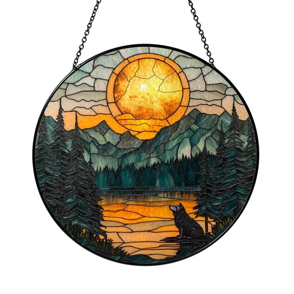 Moonlight Wolf Forest Stained Glass Style Window Hanging Suncatcher, Decorative Howling Wolf Glass Style Art Panel for Nature Window Decor Ornament Gift