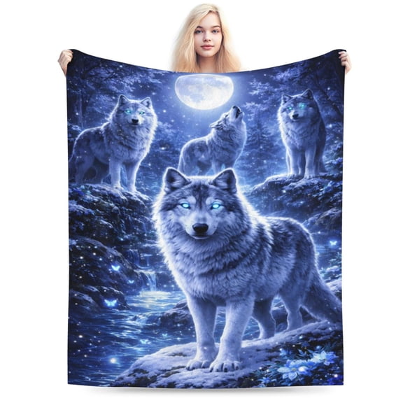 Moonlight Wolf Pack Blanket Winter Forest Fleece Throw for Christmas Gift Wildlife Home Decor Soft Cozy Couch Bed Cover for Nature Lovers 60x50
