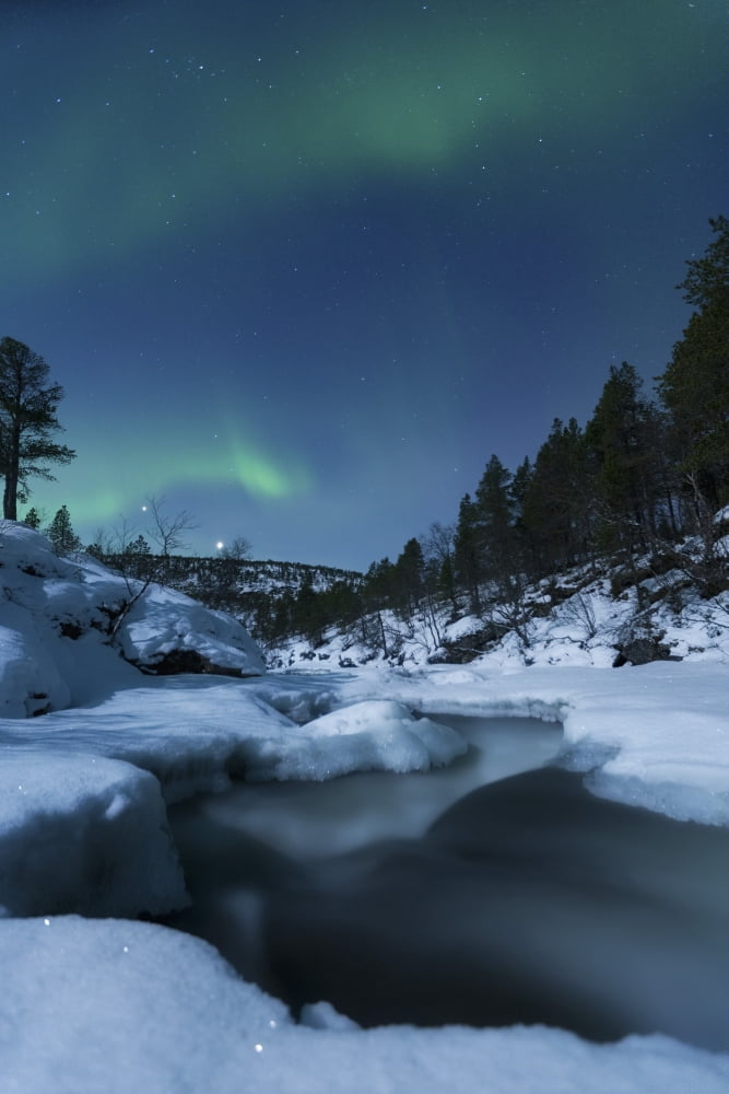 Moonlight and aurora over Tennevik River Troms Norway Canvas Art - Arild HeitmannStocktrek Images (23 x 34)
