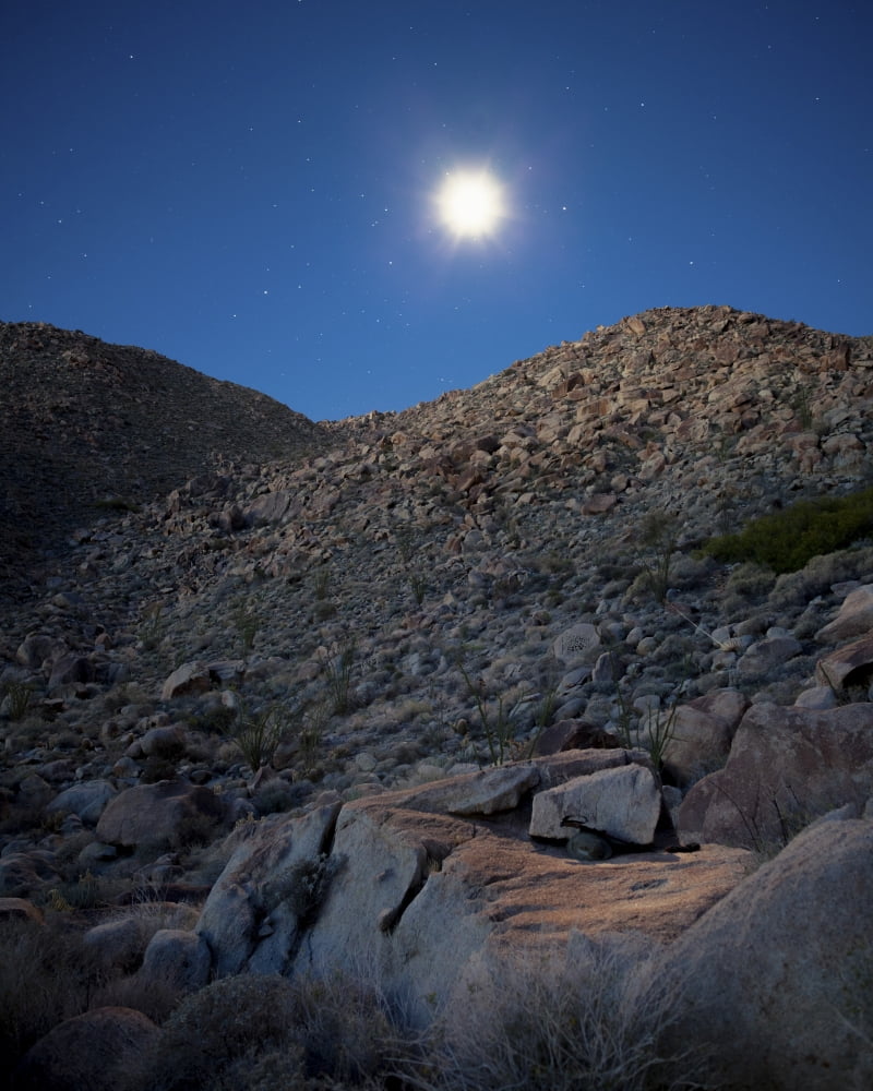 Moonlight illuminates the rugged terrain of Bow Willow Canyon California Canvas Art - Dan BarrStocktrek Images (13 x 16)