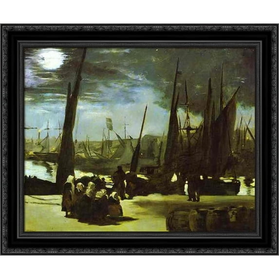 Moonlight on Boulogne Harbour 24x20 Black Ornate Wood Framed Canvas Art by Manet, Edouard