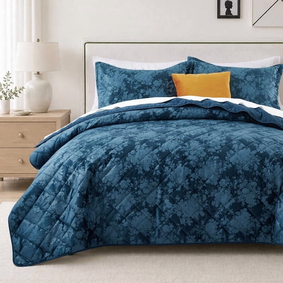Moonlight20015 2-Piece Floral Velvet Quilt, Reversible Lightweight Bedspread Set with Shams, Machine Washable Coverlet, Twin, Navy