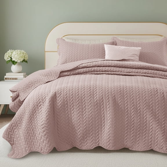 Moonlight20015 2 Piece Quilt Set Chevron Pattern Modern Embossed Coverlet Soft Microfiber Twin Peach
