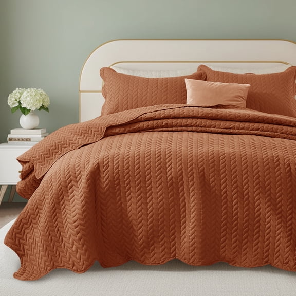Moonlight20015 2 Piece Quilt Set Chevron Pattern Modern Embossed Coverlet Soft Microfiber Twin Rust