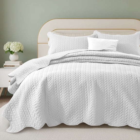 Moonlight20015 2 Piece Quilt Set Chevron Pattern Modern Embossed Coverlet Soft Microfiber Twin White