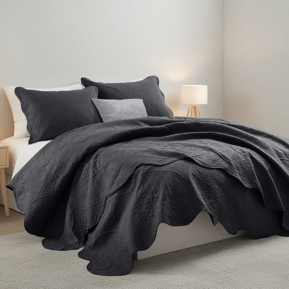 Moonlight20015 2 Piece Quilt Set Floral Pattern Modern Embossed Coverlet Soft Microfiber Twin Black