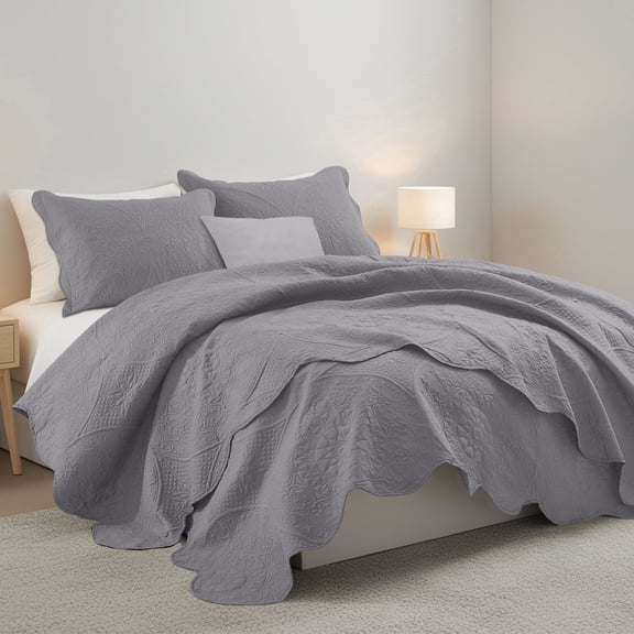 Moonlight20015 2 Piece Quilt Set Floral Pattern Modern Embossed Coverlet Soft Microfiber Twin Grey
