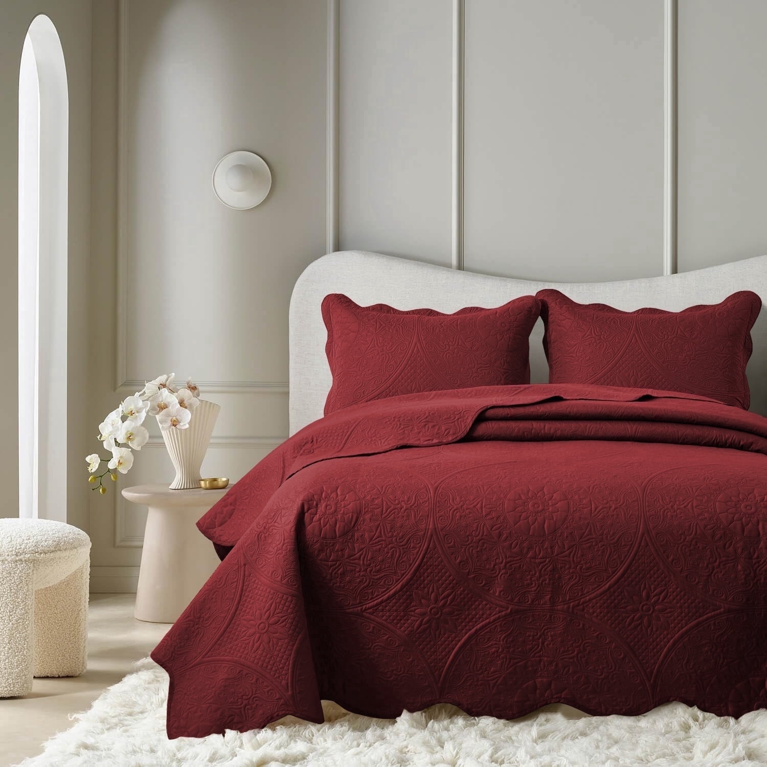 Moonlight20015 2 Piece Quilt Set Lightweight Microfiber Bedspread Modern Floral Embossing Burgundy Twin