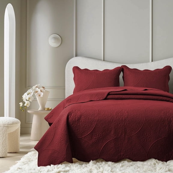 Moonlight20015 2 Piece Quilt Set Lightweight Microfiber Bedspread Modern Floral Embossing Burgundy Twin