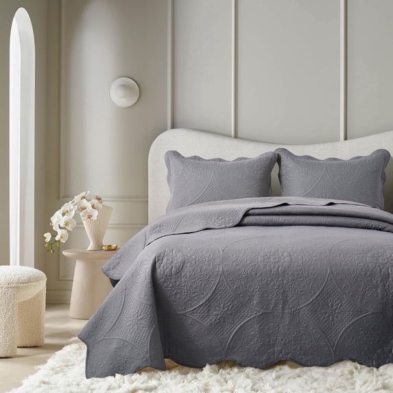 Moonlight20015 2 Piece Quilt Set Lightweight Microfiber Bedspread Modern Floral Embossing Gray Twin