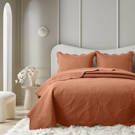 Moonlight20015 2 Piece Quilt Set Lightweight Microfiber Bedspread Modern Floral Embossing Rust Twin