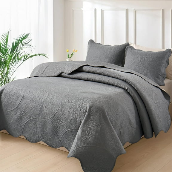 Moonlight20015 2 Piece Quilt Set Ultrasonic Lightweight Microfiber Floral Pattern Gray Twin