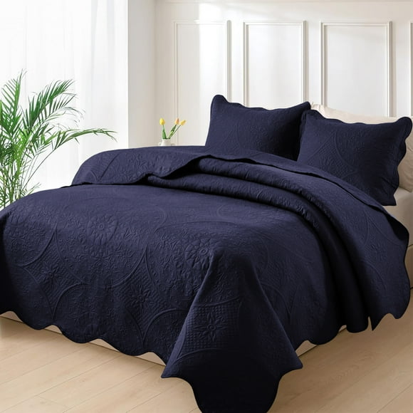 Moonlight20015 2 Piece Quilt Set Ultrasonic Lightweight Microfiber Floral Pattern Navy Blue Twin