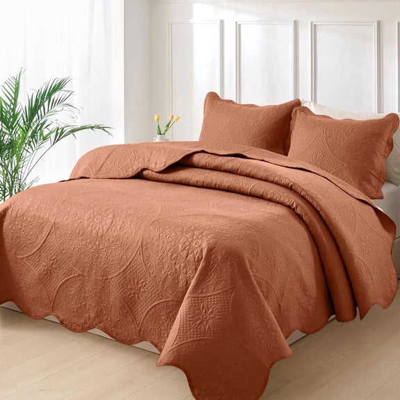 Moonlight20015 3-Piece Bedspread Soft Lightweight Microfiber Ultrasonic Floral Quilt Set & Shams, Rust, California  King