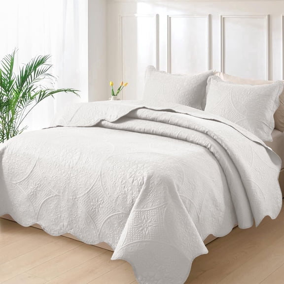 Moonlight20015 3-Piece Bedspread Soft Lightweight Microfiber Ultrasonic Floral Quilt Set & Shams, White, California King