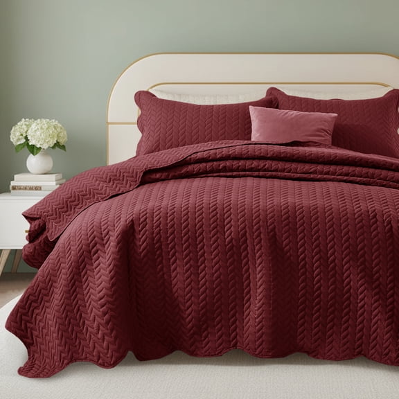 Moonlight20015 3 Piece Quilt Set Chevron Pattern Modern Embossed Coverlet Soft Microfiber Queen Burgundy