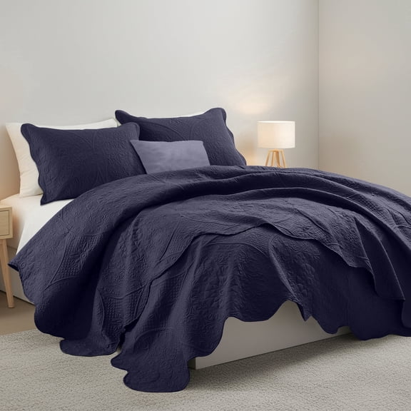 Moonlight20015 3 Piece Quilt Set Floral Pattern Modern Embossed Coverlet Soft Microfiber King Navy