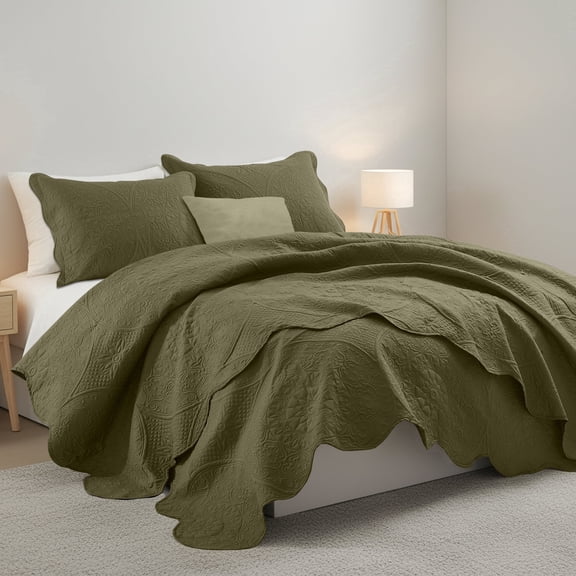 Moonlight20015 3 Piece Quilt Set Floral Pattern Modern Embossed Coverlet Soft Microfiber Queen Olive Green