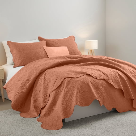 Moonlight20015 3 Piece Quilt Set Floral Pattern Modern Embossed Coverlet Soft Microfiber Queen Rust