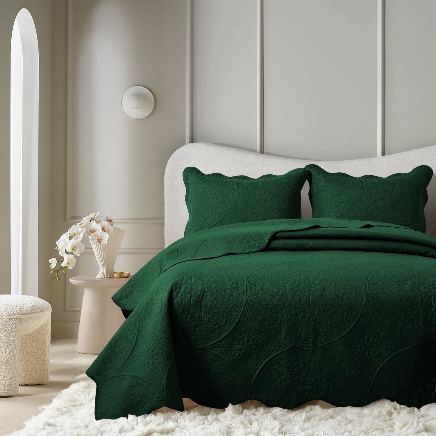 Moonlight20015 3 Piece Quilt Set Lightweight Microfiber Bedspread Modern Floral Embossing Emerald Green Queen