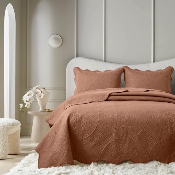 Moonlight20015 3 Piece Quilt Set Lightweight Microfiber Bedspread Modern Floral Embossing Peach Queen