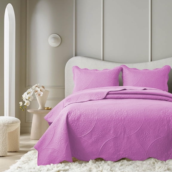 Moonlight20015 3 Piece Quilt Set Lightweight Microfiber Bedspread Modern Floral Embossing Purple King