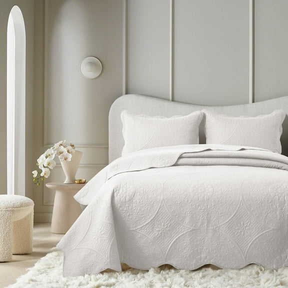 Moonlight20015 3 Piece Quilt Set Lightweight Microfiber Bedspread Modern Floral Embossing White Queen