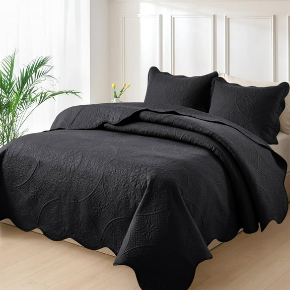 Moonlight20015 3-Piece Lightweight Microfiber Ultrasonic Floral Quilt Set, Black, King