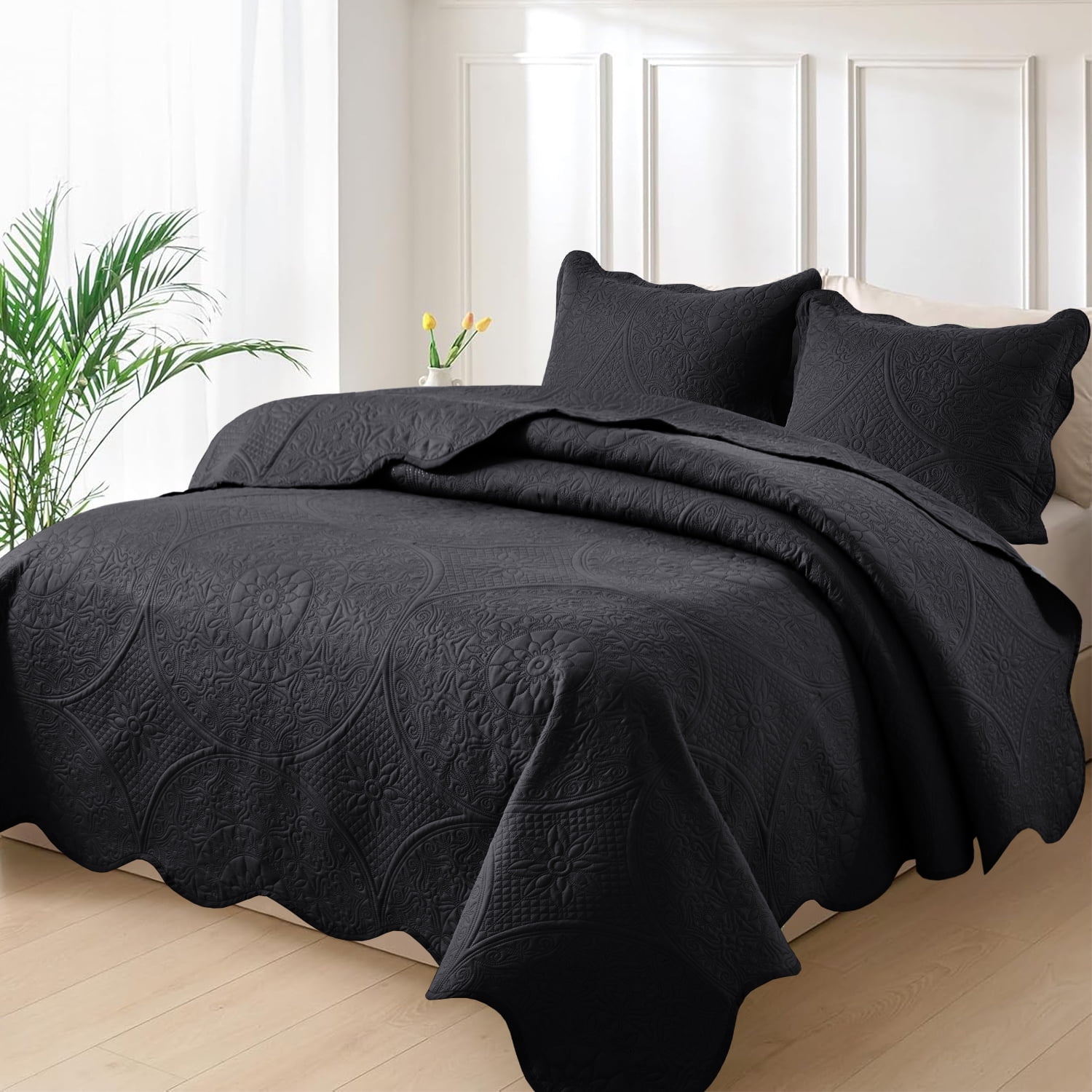 Moonlight20015 2 Piece Quilt Set Ultrasonic Lightweight Microfiber Floral Pattern Black Twin