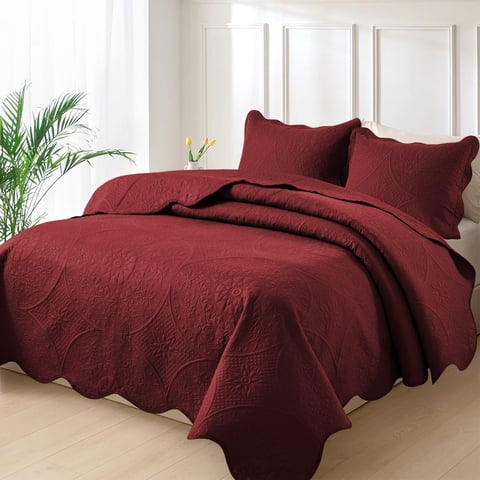 Moonlight20015 3-Piece Lightweight Microfiber Ultrasonic Floral Quilt Set, Burgundy, King